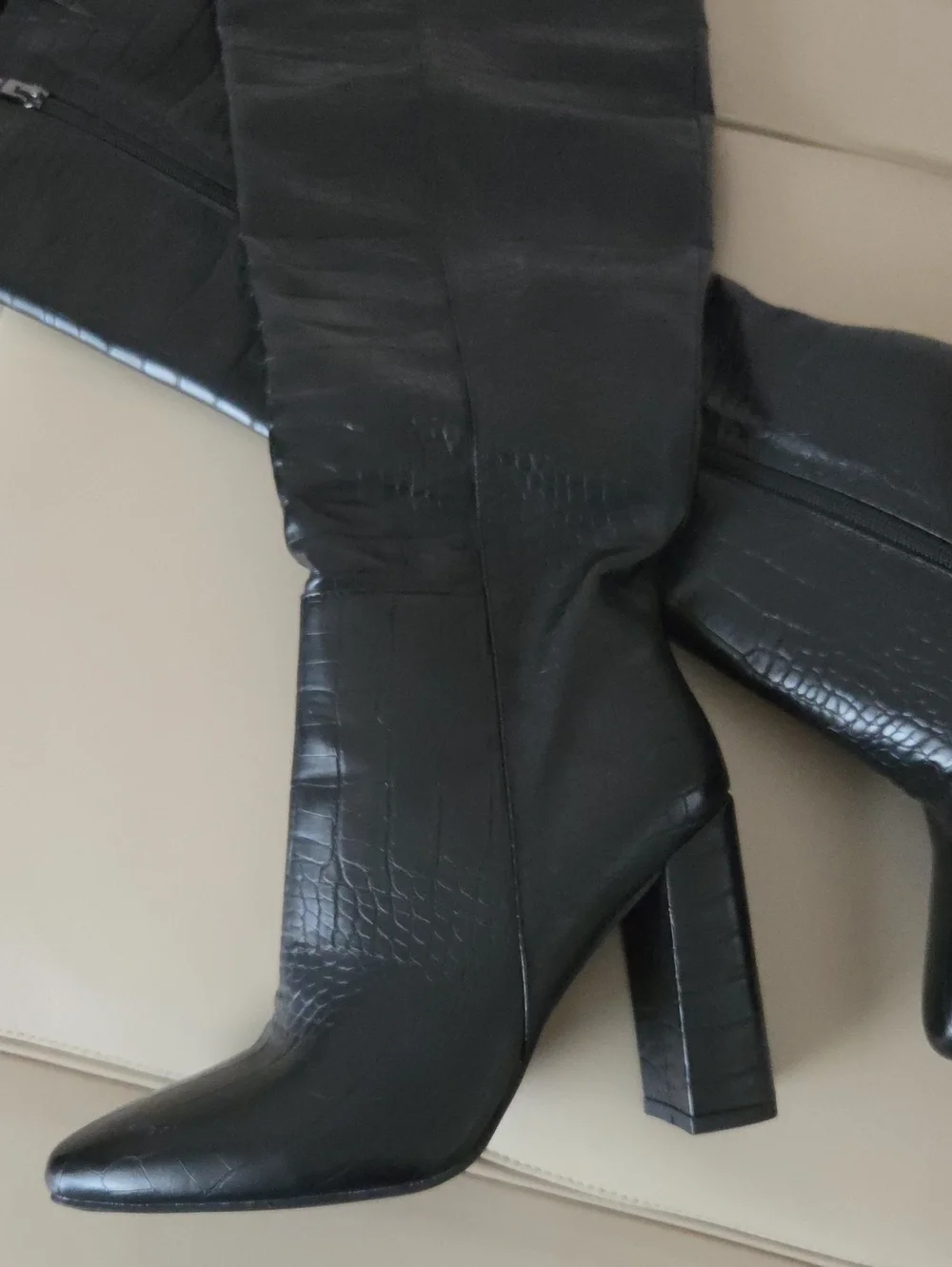 Croc-Embossed Black Over-the-Knee Boot with Block Heel Size 7